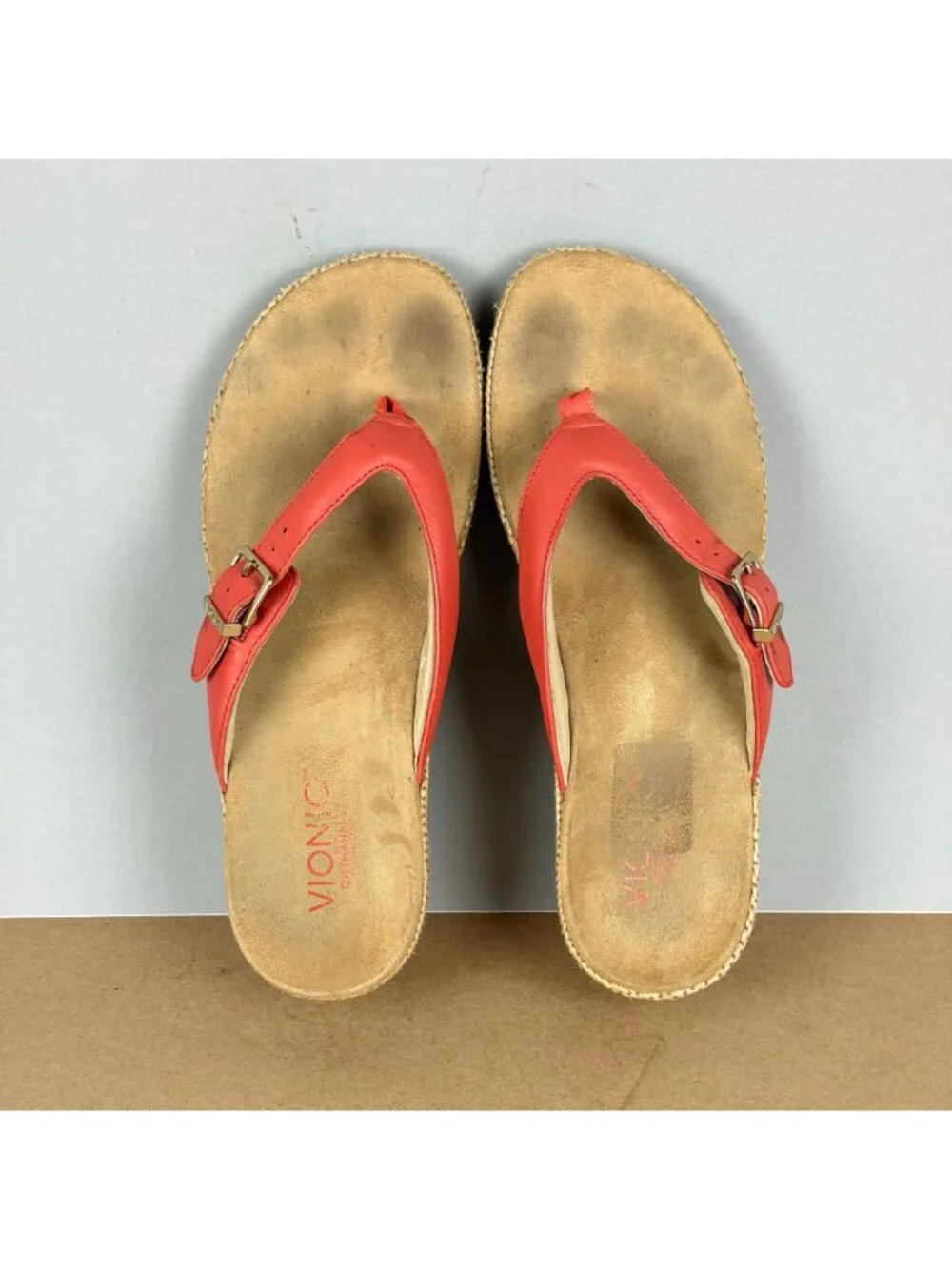Vionic Polina Thong Wedge Sandals Womens 8 Orange Tan Leather Casual Comfort